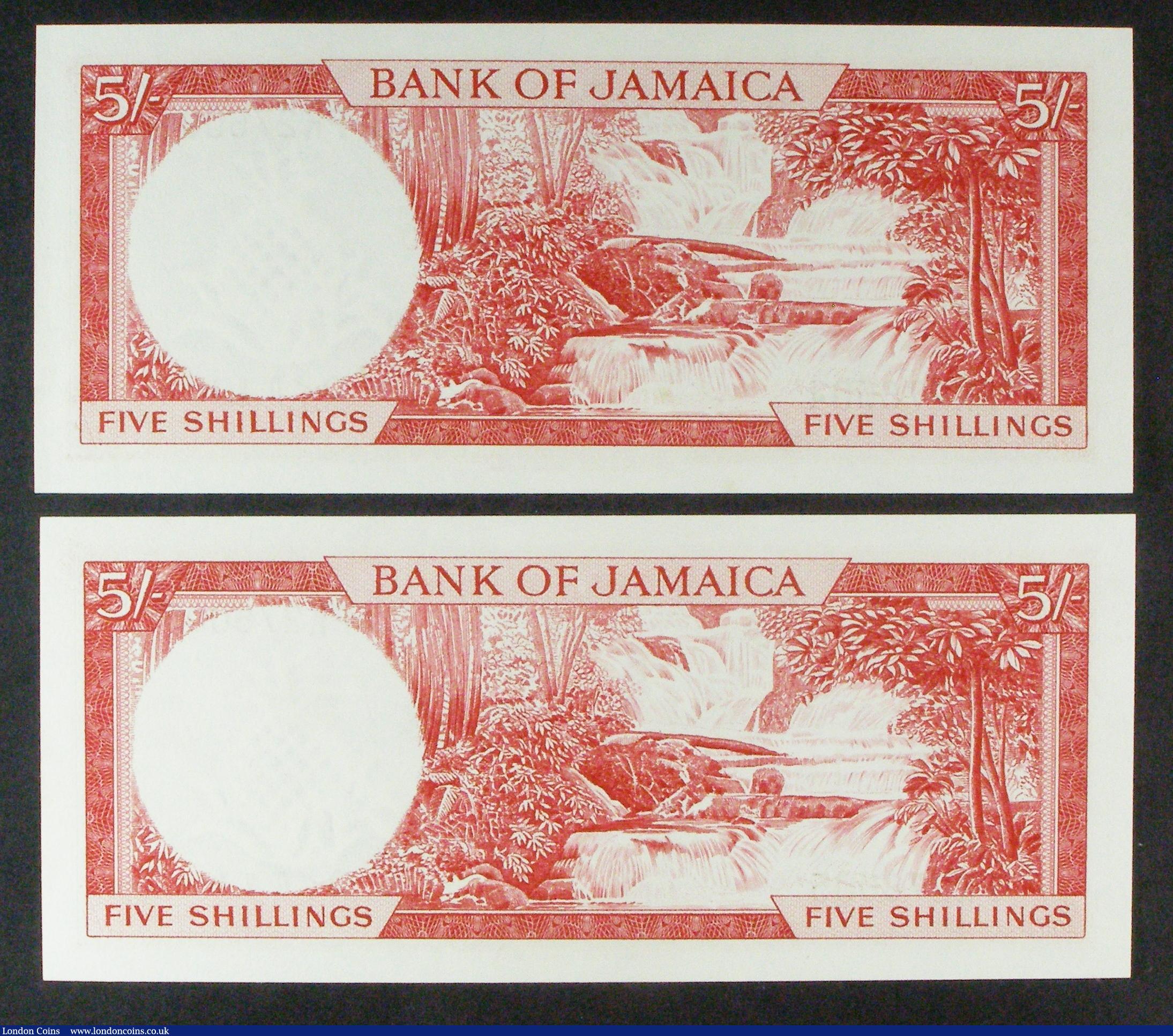 London Coins : A157 : Lot 182 : Jamaica 5 shillings (2) issued 1964 (L.1960), QE2 portraits at left, a consecutive numbered pair ser...