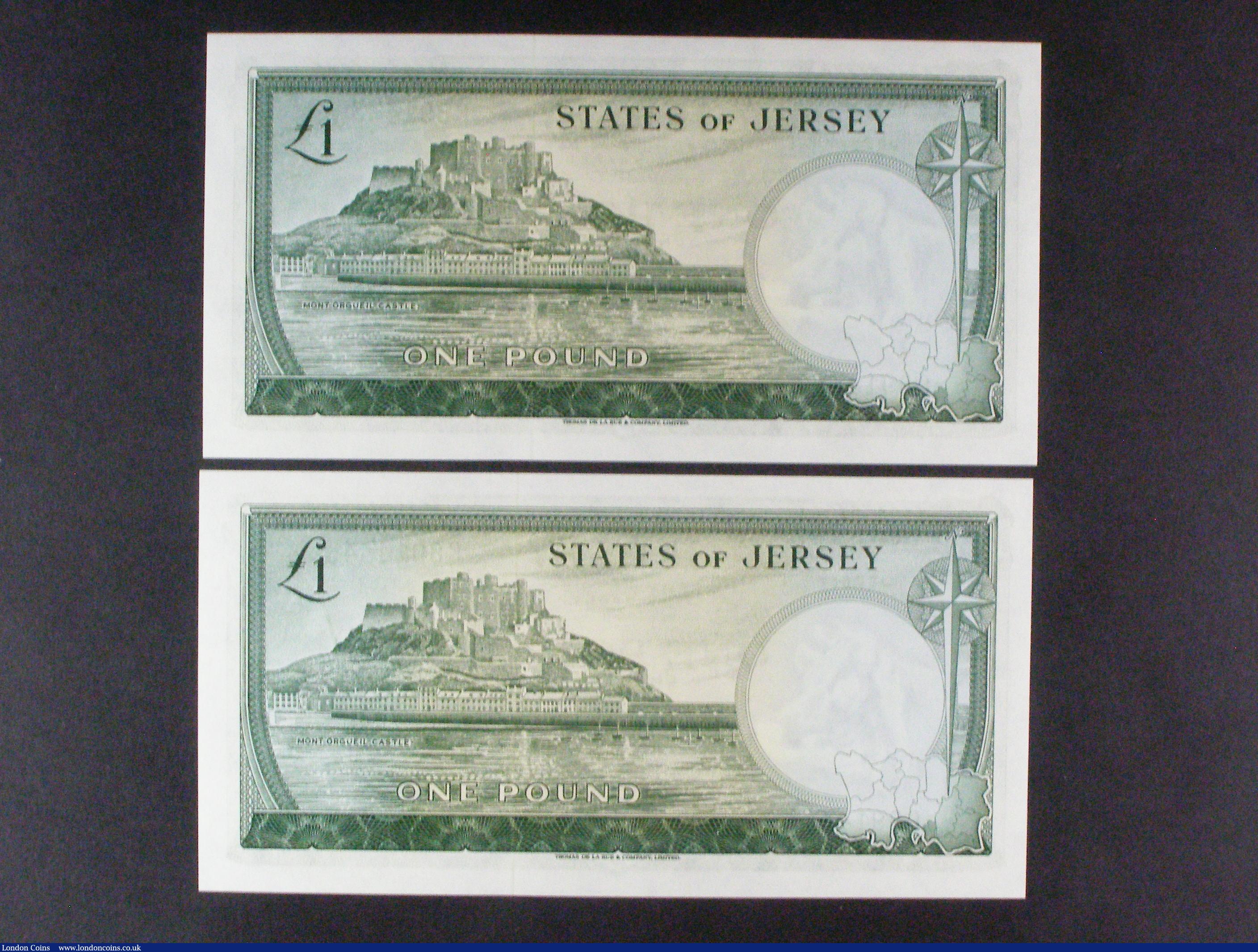 London Coins : A157 : Lot 185 : Jersey £1 (2) issued 1963, QE2 at right, a consecutive pair series C891433 & C891434, Padg...