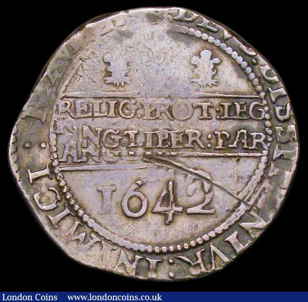 Halfcrown Charles I Oxford Mint 1642 Shrewsbury horseman with ground line, S.2951 mintmark Plume/- Fine or near so with some weaker areas and a scratch on the reverse : Hammered Coins : Auction 157 : Lot 1902