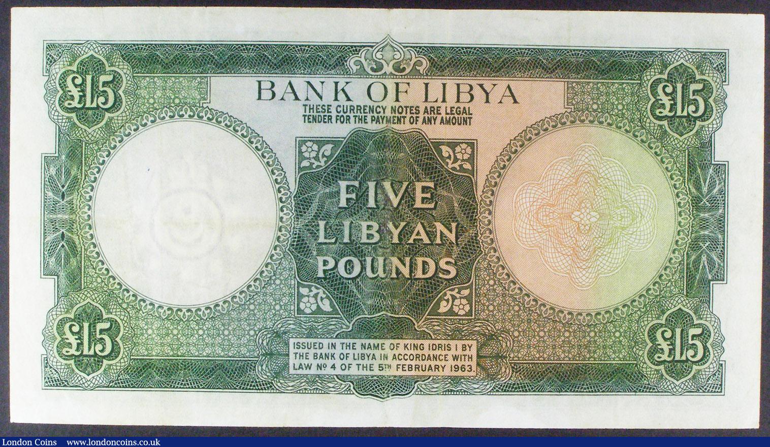 London Coins : A157 : Lot 193 : Libya 5 pounds dated 1963 series B/5 604828, Pick26, cleaned & pressed, lightly trimmed edges, g...