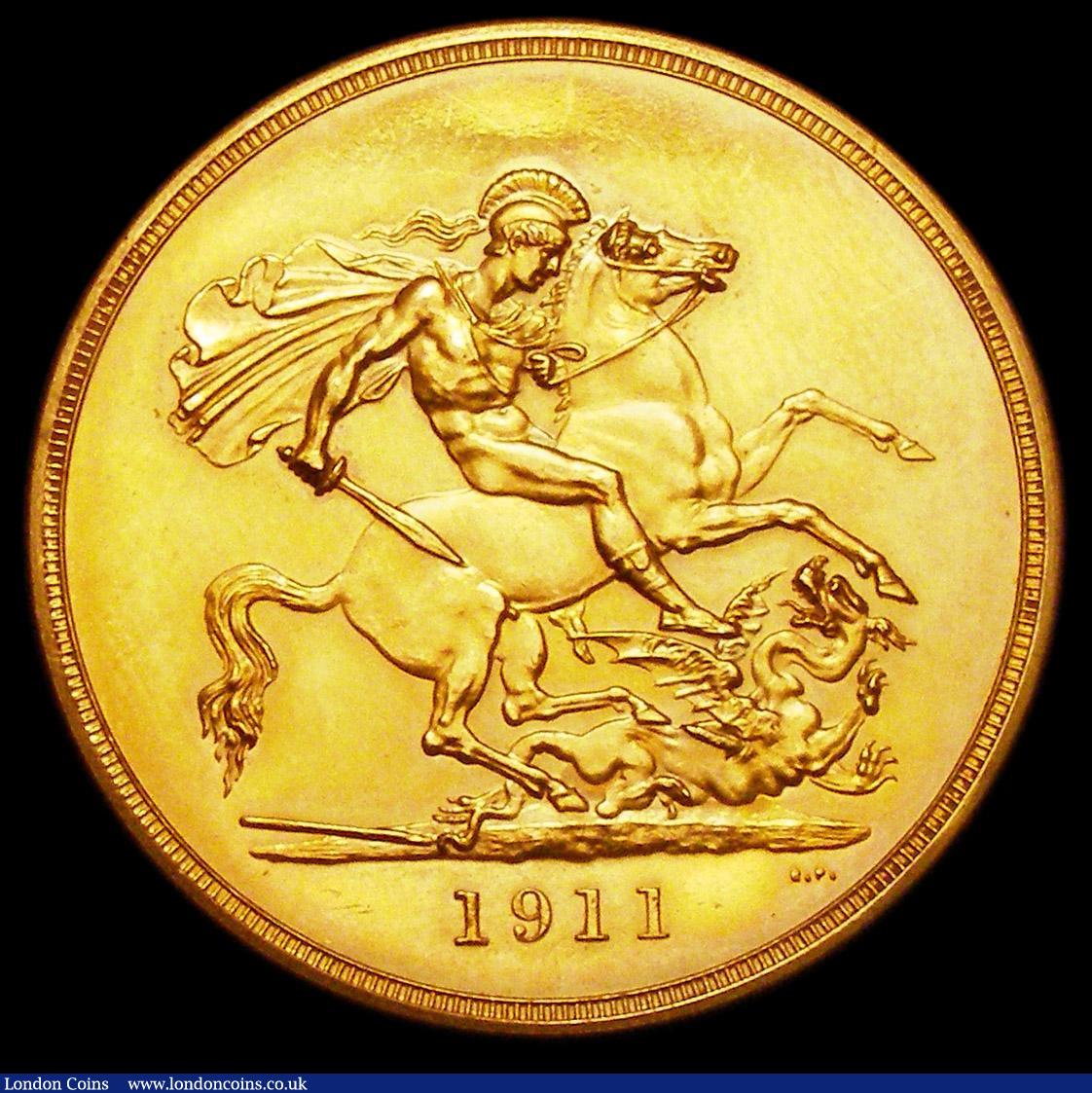 London Coins : A157 : Lot 2139 : Five Pounds 1911 Proof S.3994 nFDC lightly toning, a few very minor hairlines, a superior example