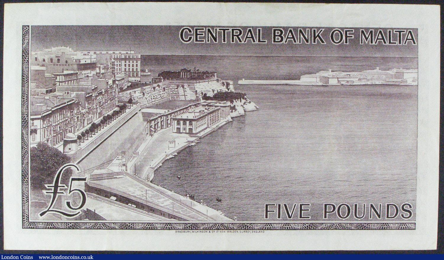 London Coins : A157 : Lot 214 : Malta £5 Pick30a, issued 1968 (Law of 1967) series A/1 079259, portrait QE2 to right, signed H...