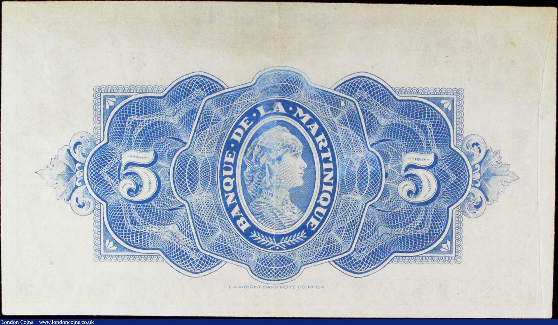 London Coins : A157 : Lot 218 : Martinique 5 Francs 1942 Issue, Blue serial number S66 291 1642291 , Pick 16b, VF with a light centr...