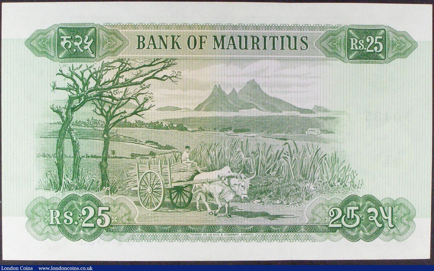 London Coins : A157 : Lot 222 : Mauritius 25 rupees issued 1967 first series A/1 043531, QE2 portrait at right, Pick32a, GEF
