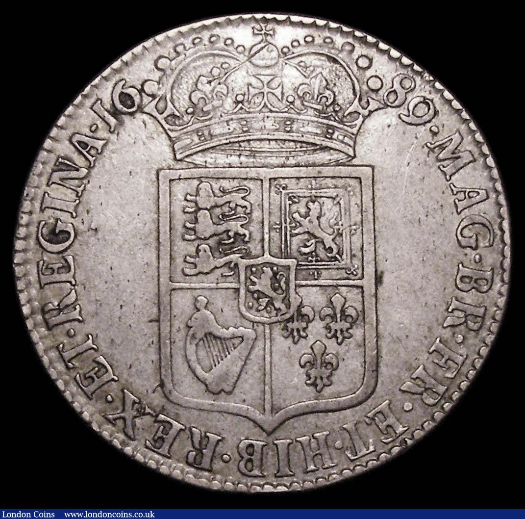 London Coins : A157 : Lot 2380 : Halfcrown 1689 First Shield, Caul and interior frosted, with pearls, Second L in GVLIELMVS struck ov...