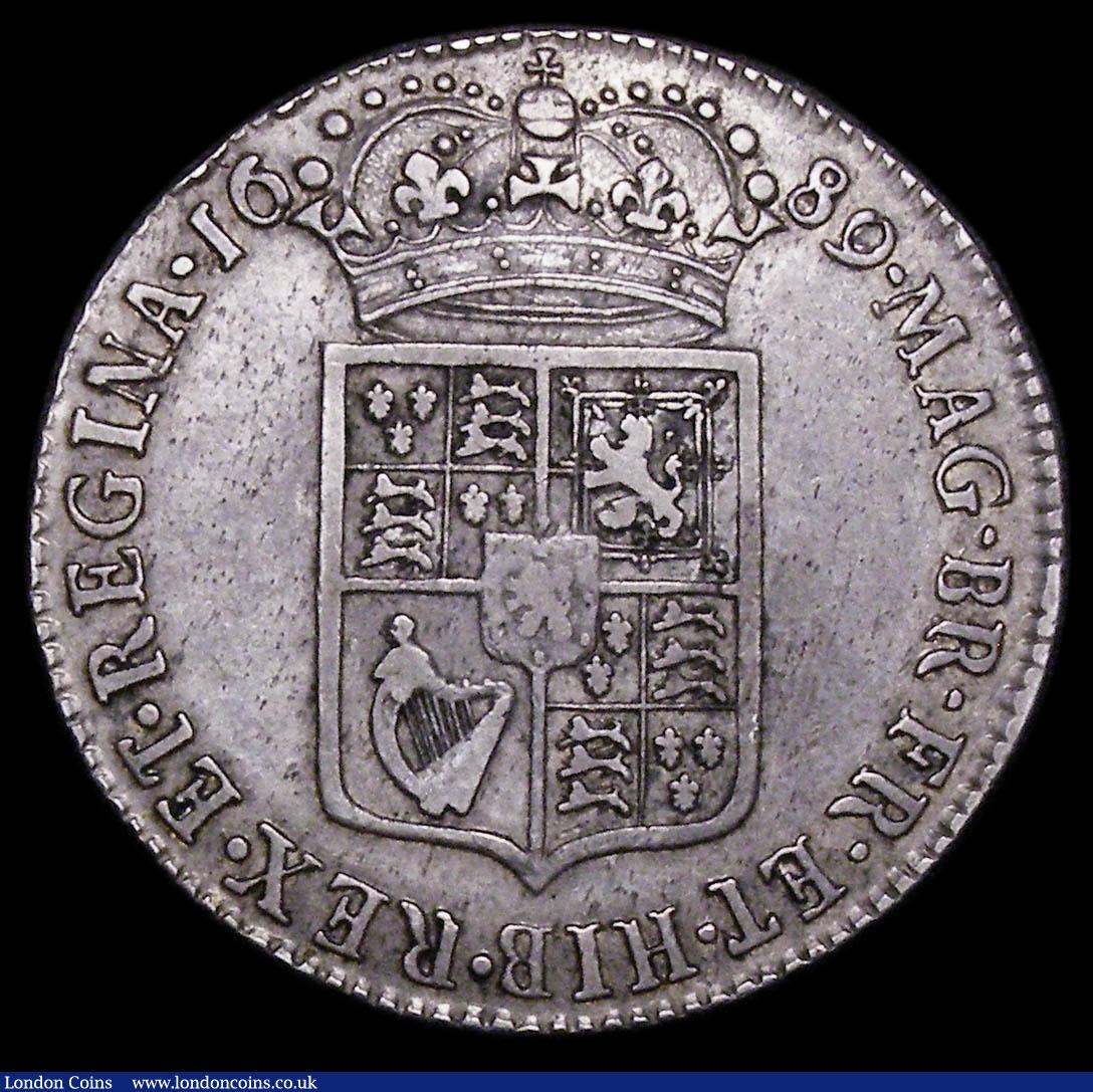 London Coins : A157 : Lot 2383 : Halfcrown 1689 Second Shield, Caul and interior frosted, ESC 508 NVF/GF, Ex-Croydon Coin Auction 4/6...