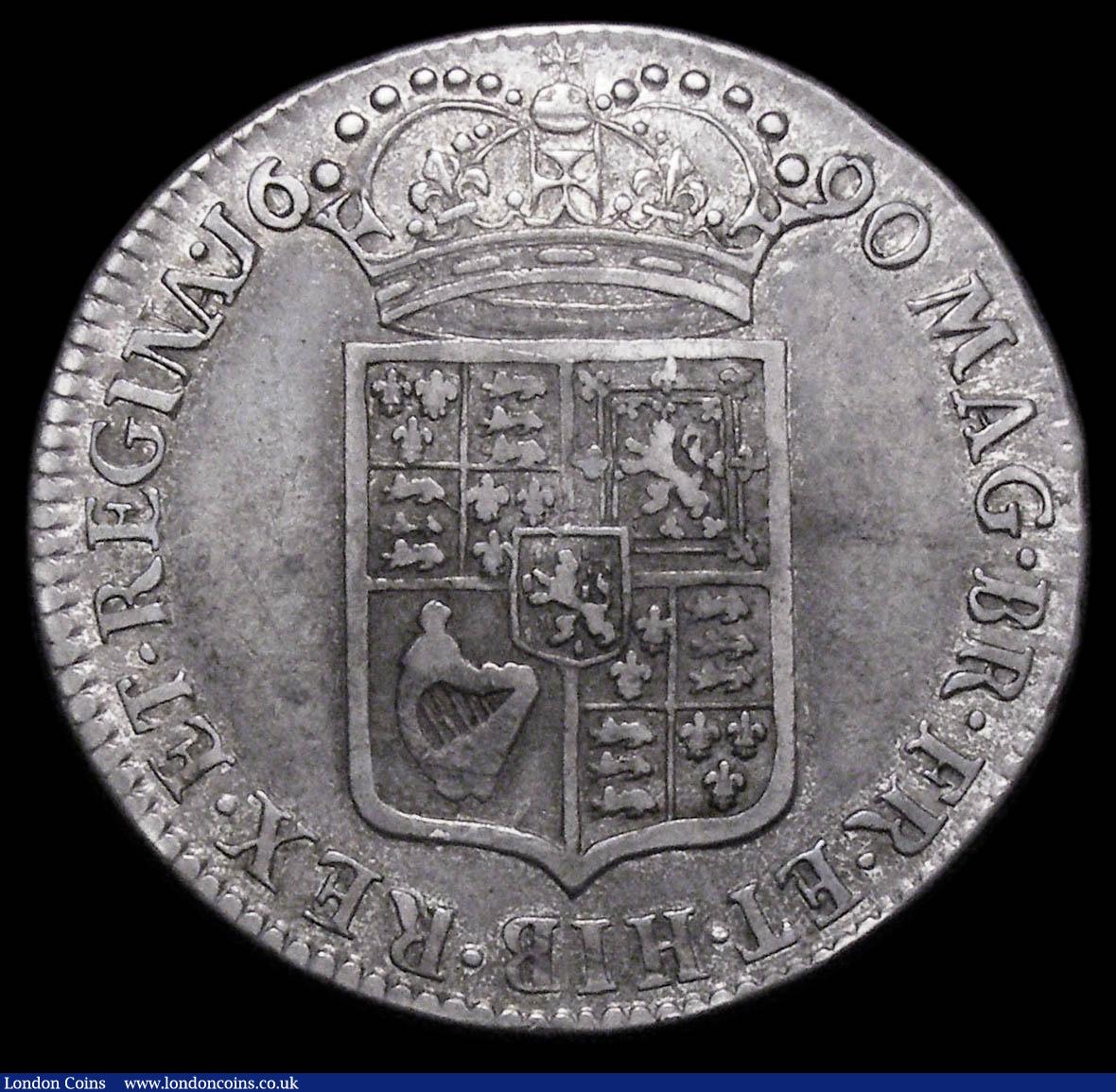 London Coins : A157 : Lot 2385 : Halfcrown 1690 SECVNDO ESC 513 with second L in GVLIELMVS struck over another L, the underlying L wi...