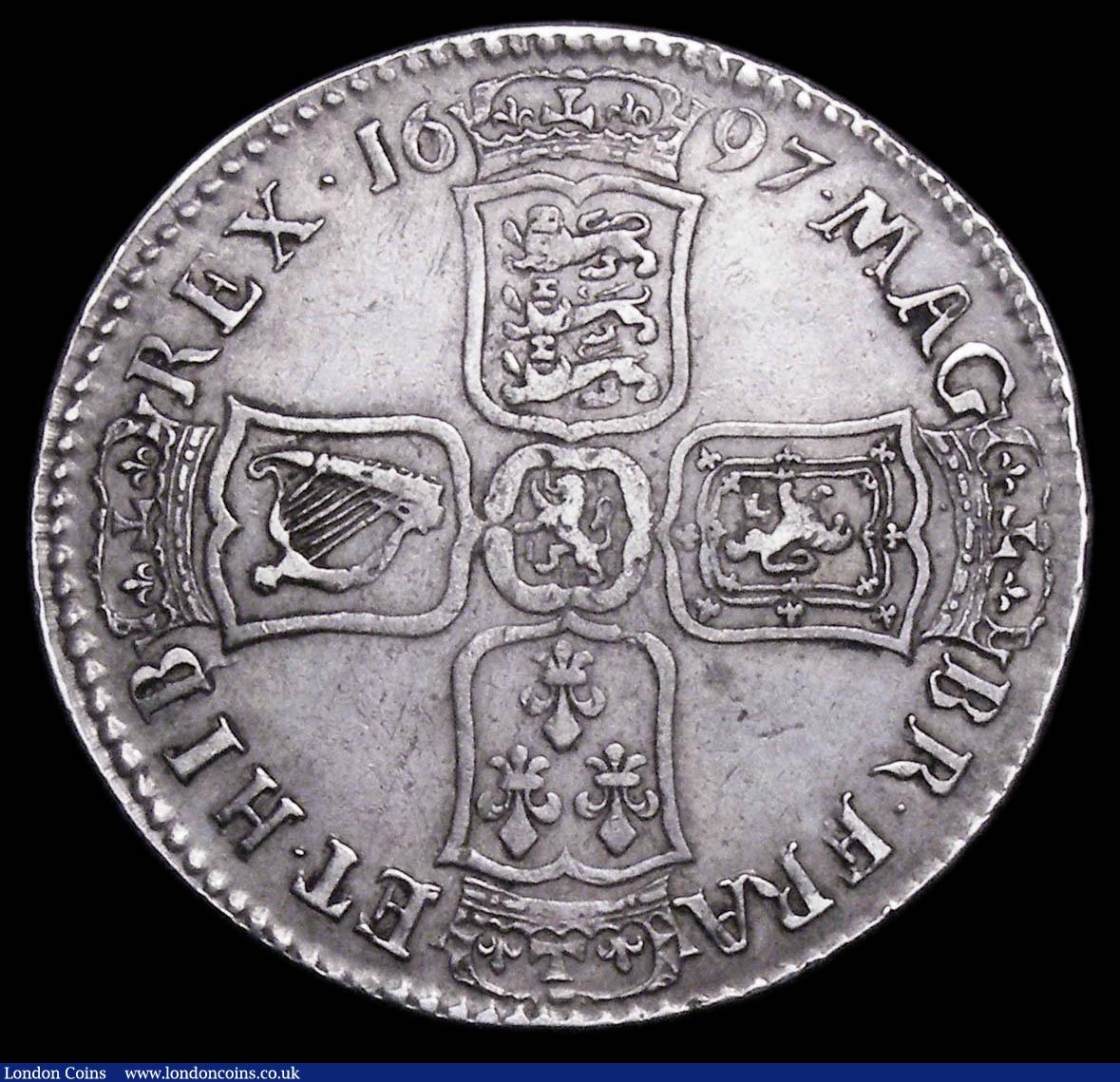 London Coins : A157 : Lot 2407 : Halfcrown 1697 E over B below bust, and TVTAMEN with inverted A for V ESC 548C,  VF with a slight ad...