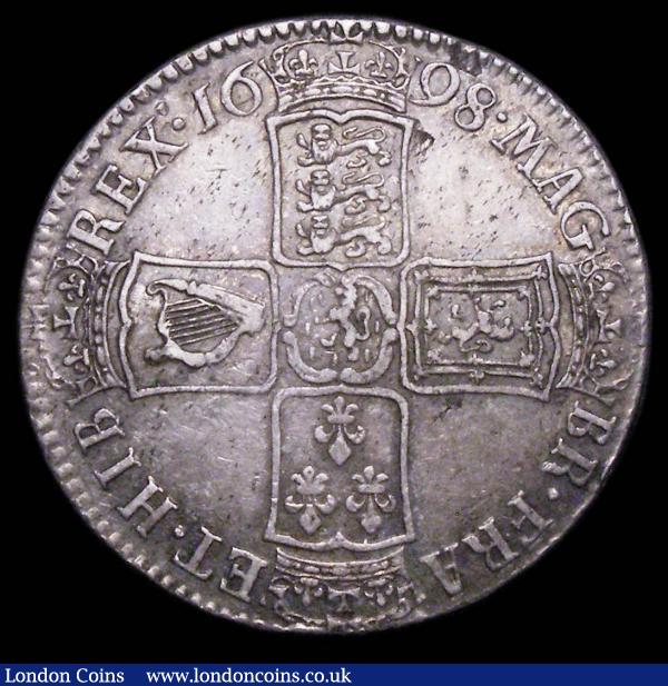Halfcrown 1698 DECIMO ESC 554 with die clashes REX under the G of GVLIELMVS, 8 and M under GRA, and 6 under the bust,  VF or better with old tone and some light haymarks, clear and unusual. EX-Taylors 6/2/2010 Lot 2055 : English Coins : Auction 157 : Lot 2419