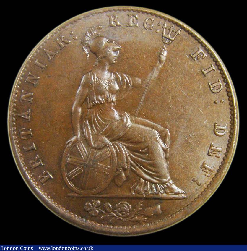 London Coins : A157 : Lot 2705 : Halfpenny 1843 Peck 1527 UNC and attractively toned, slabbed and graded LCGS 82, the finest known of...