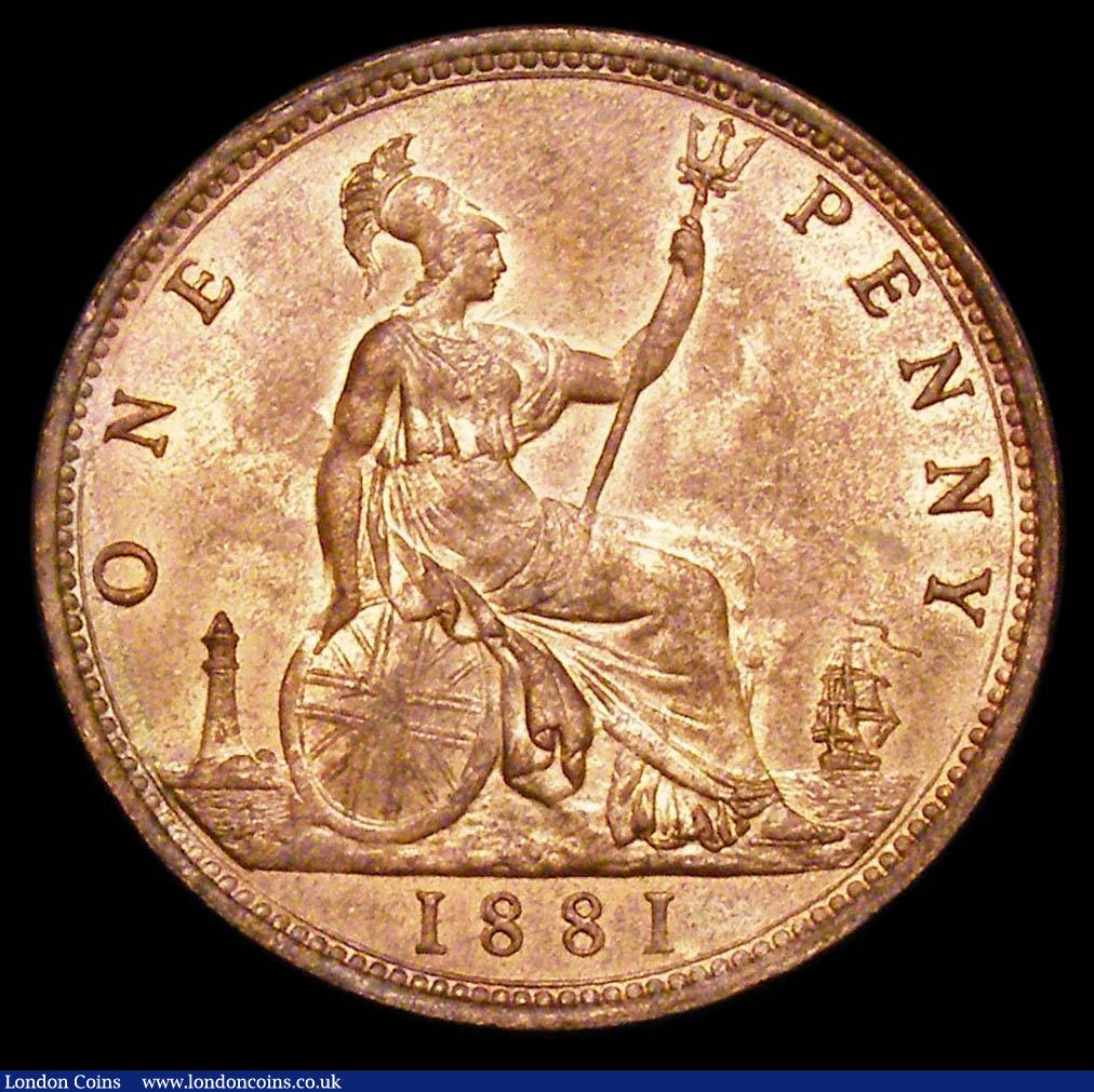 London Coins : A157 : Lot 2895 : Penny 1881 Freeman 105 dies 10+J UNC with around 50% lustre, the obverse with a light handling mark 