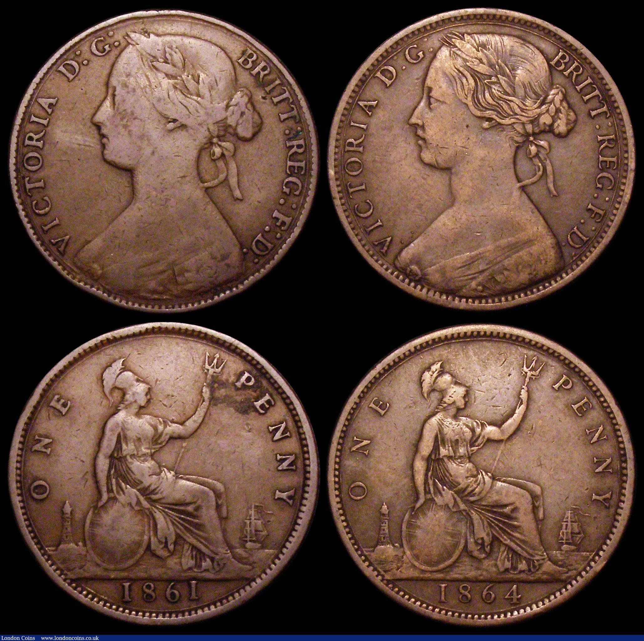 London Coins : A157 : Lot 2941 : Pennies (3) 1861 Freeman 25 dies 4+G Near Fine, 1864 Plain 4 Freeman 49 dies 6+G About Fine, 1864 Cr...