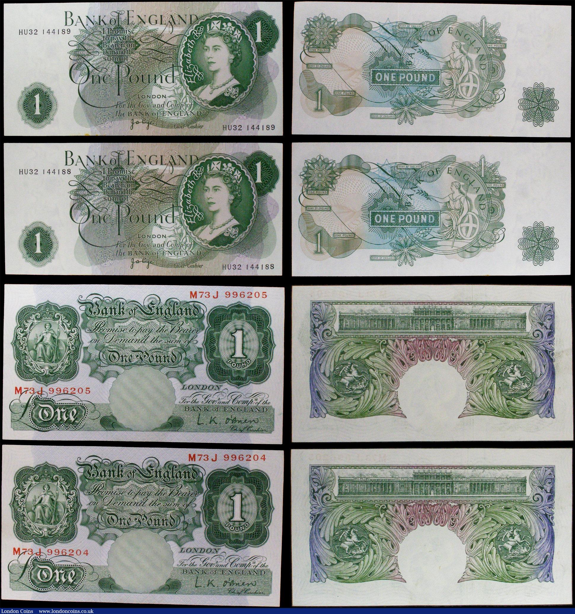 London Coins : A157 : Lot 31 : One pound Peppiatt B249 (2) blue WW2 issue series H52H plus O'Brien £1 (2) 1955 series M7...