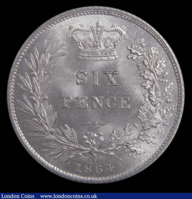 London Coins : A157 : Lot 3158 : Sixpence 1864 Small Date, serif 4 Davies 1066 Die Number 31 Choice UNC and lustrous, slabbed and gra...