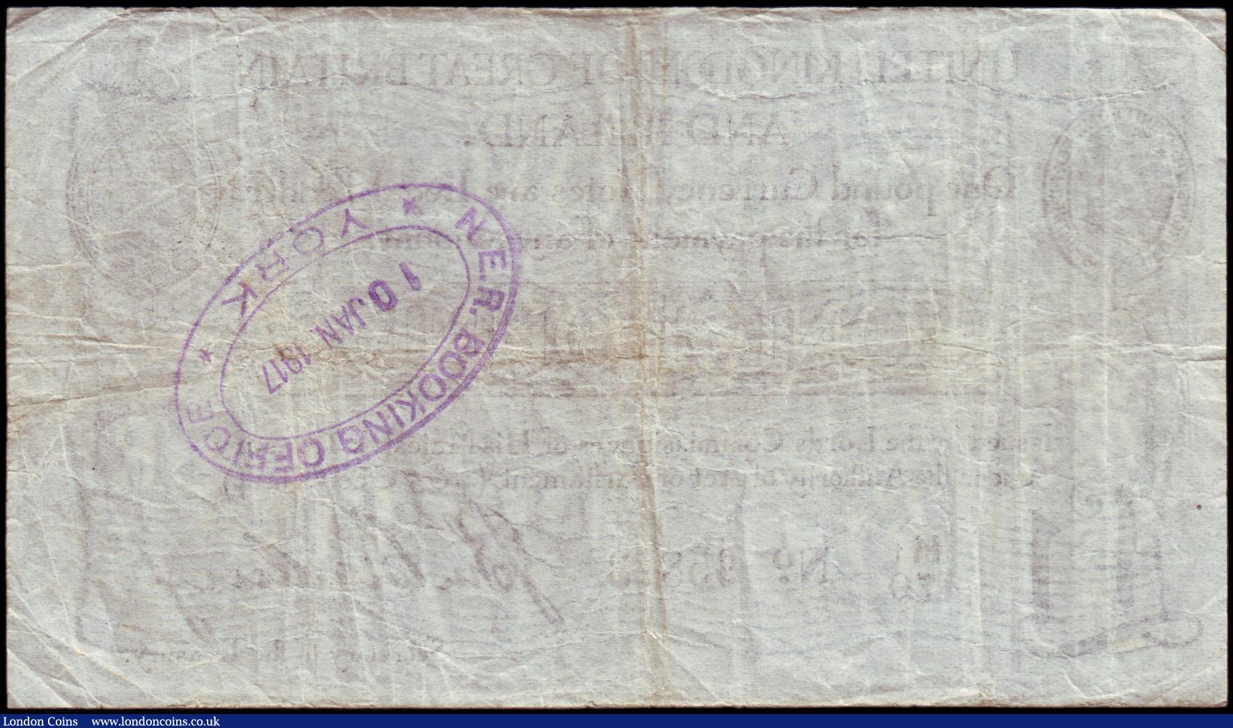 London Coins : A157 : Lot 4 : One pound Bradbury T11.2 issued 1915 series H1/70 95873, Pick349a, N.E.R. York Booking Office inked ...