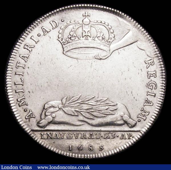 Coronation of James II 1685 34mm diameter in silver Eimer 273 the official Coronation issue Obverse Bust right Laureate, armoured and draped, IACOBVS. II. D.G. ANG. SCO. FR. ET. HI. REX Reverse a Laurel Wreath upon a cushion; above, a hand issuing from heaven. A. MILITARI. AD. REGIAM. Exergue: INAVGVRAT. 23. AR. 1685 by J.Roettier GVF : Medals : Auction 157 : Lot 862