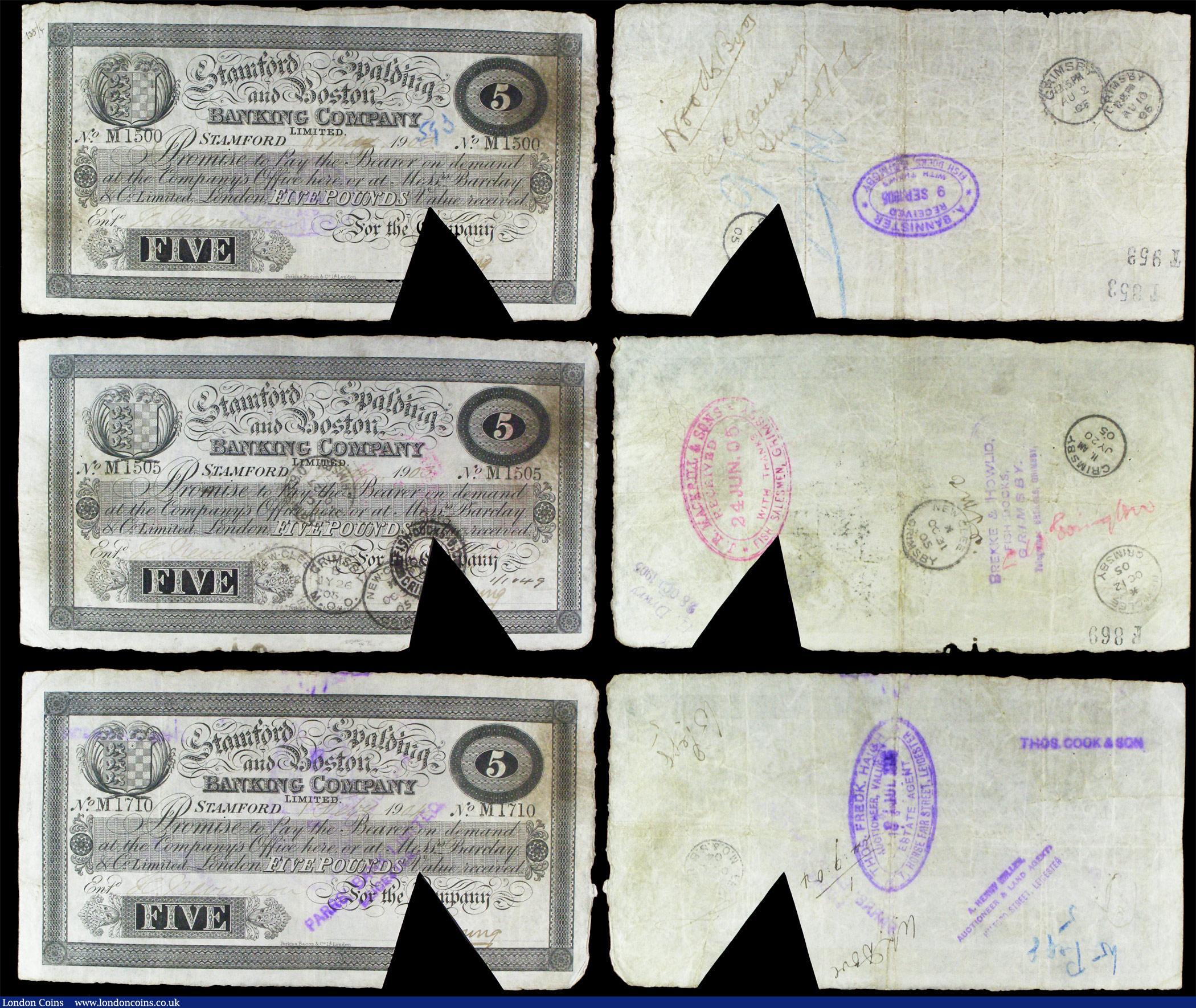 London Coins : A157 : Lot 87 : Stamford, Spalding and Boston Banking Company £5 (6) dates range from 1901 to 1904, triangular...