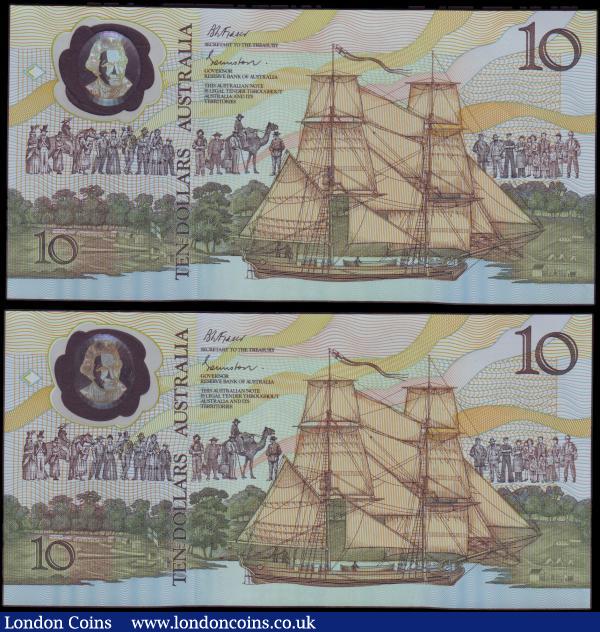 Australia $10 (2) Commemorative issue 1988, a consecutively numbered pair series AB, polymer plastic, Pick49b, about UNC to UNC : World Banknotes : Auction 157 : Lot 90