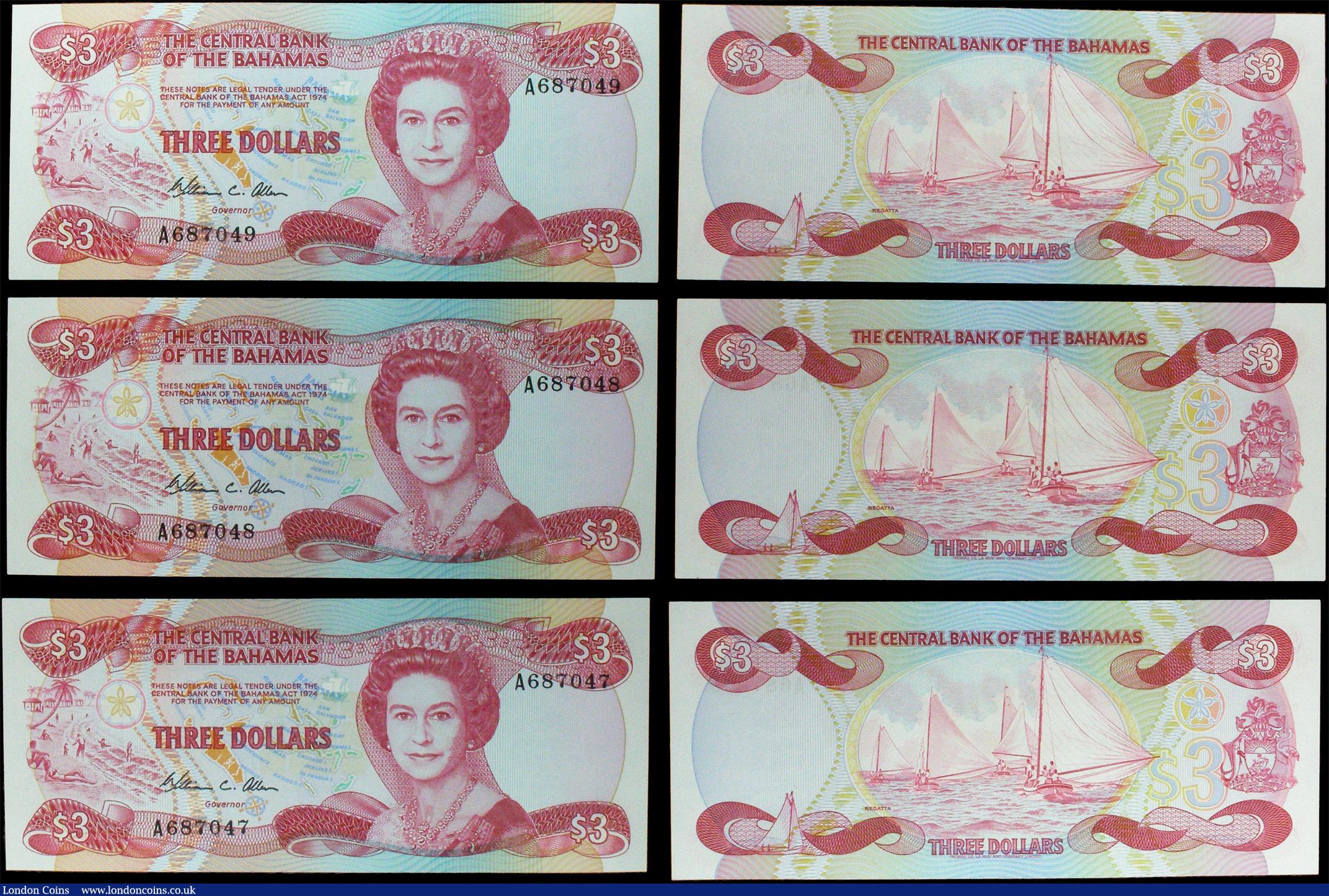 London Coins : A157 : Lot 99 : Bahamas Central Bank $3 (6) issued 1984, a consecutive run, first series A, signed Allen, Pick44a, (...