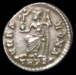 London Coins : A157 : Lot 1750 : Gratian.  Ar siliqua.  C, 375-378 AD.  Rev;  VRBS ROMA; Roma seated facing on throne, head l., holdi...