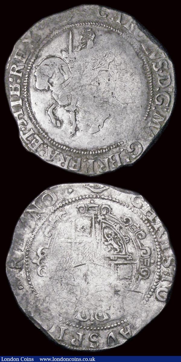 Halfcrowns (2) Charles I Group IV, fourth horseman, foreshortened horse, S.2779 mintmark Triangle in circle Near Fine struck on a misshapen flan as often, Charles I under Parliament Third horseman, type 3a3 S.2778 mintmark Eye VG : Hammered Coins : Auction 158 : Lot 1696