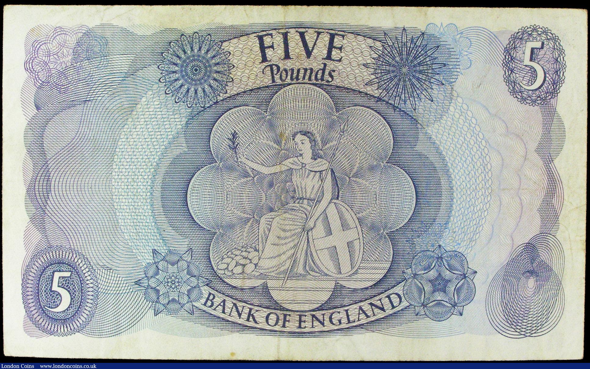 London Coins : A158 : Lot 106 : ERROR Five Pounds Page B324 issued 1971, no serial number, scarce error, Fine