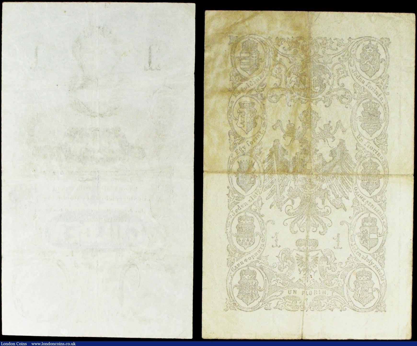 London Coins : A158 : Lot 142 : Austria (2) 1 Gulden dated 1858, PickA84, 1 Gulden dated 1866, some dirt, PickA150, tiny pinholes, F...