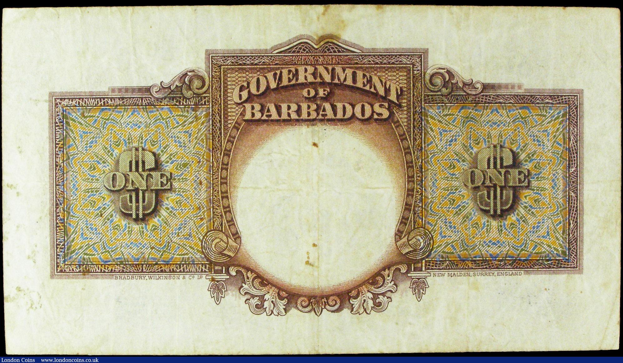 London Coins : A158 : Lot 153 : Barbados Government 1 Dollar dated 1st September 1939 series B/G 636767, Pick2b, portrait KGVI at ri...