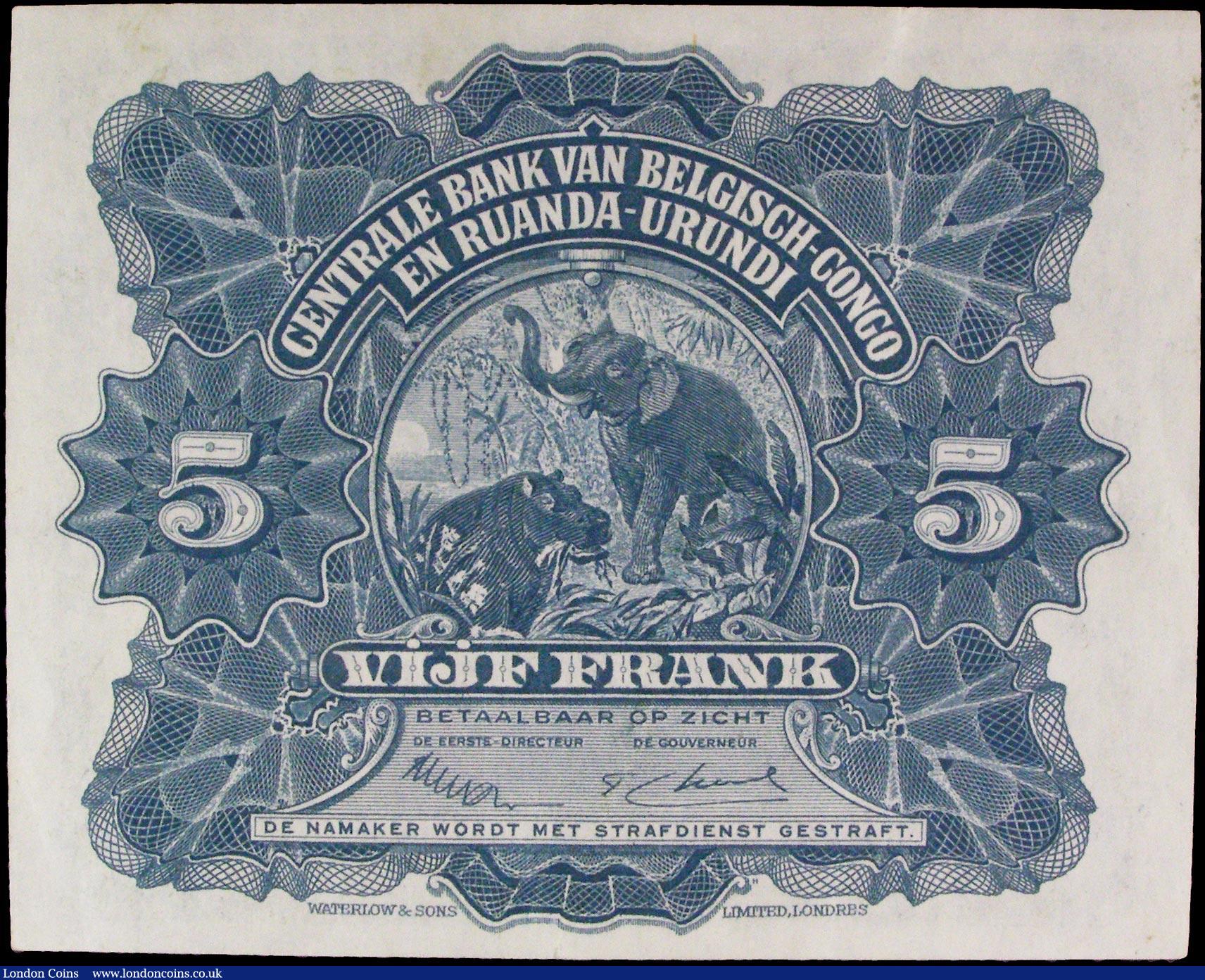London Coins : A158 : Lot 154 : Belgian Congo 5 francs dated 1 - 10 - 1952 series A282242, Pick13B, good VF