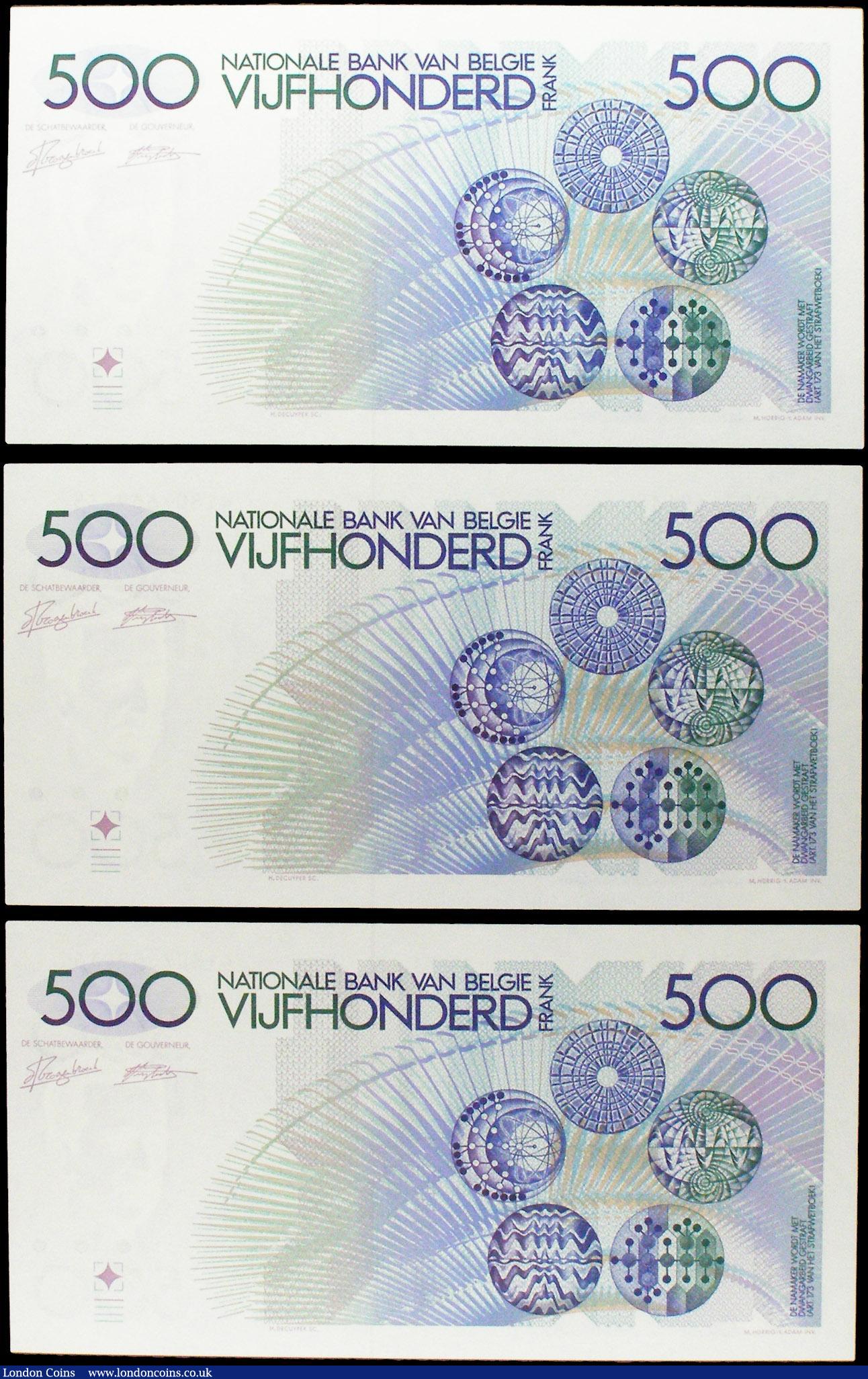 London Coins : A158 : Lot 155 : Belgium (3) National Bank 500 Francs issued 1982 - 1998, a consecutively numbered run series 4180766...