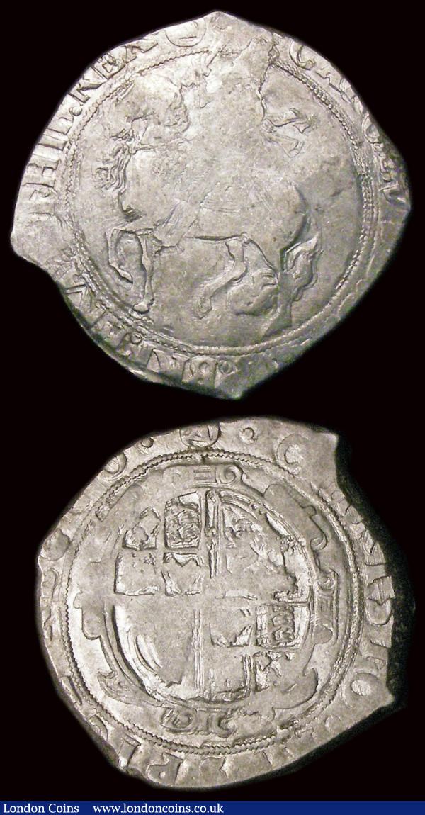 Halfcrowns (2) Charles I Group IV, fourth horseman, foreshortened horse, S.2779 mintmark Triangle in circle Near Fine struck on a misshapen flan as often, Charles I under Parliament Third horseman, type 3a3 S.2778 mintmark Eye VG : Hammered Coins : Auction 158 : Lot 1696