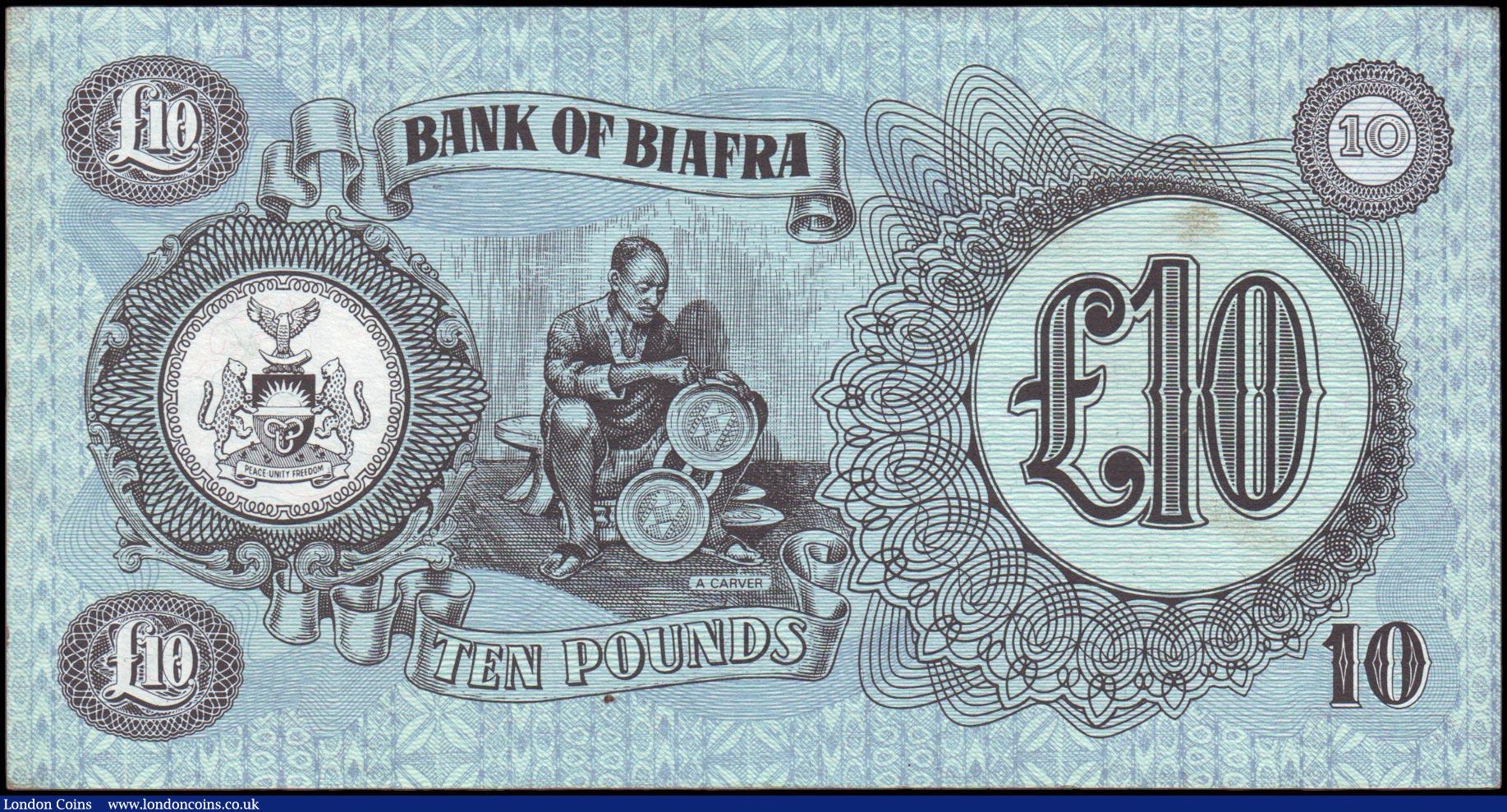 London Coins : A158 : Lot 173 : Biafra 10 Pounds issued 1968 - 1969 series ZA0291416, Pick7a, scarcer issue with serial number, good...