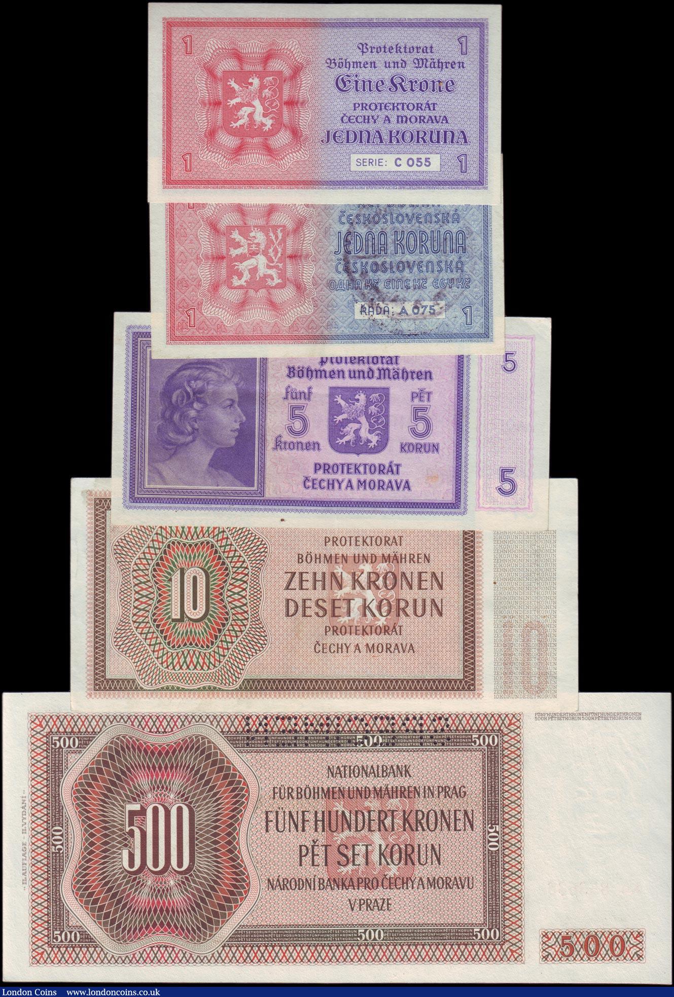 London Coins : A158 : Lot 174 : Bohemia & Moravia (5) 1 Koruna issued 1939 Pick1, 1 Koruna issued 1940 Pick3, 5 Korun issued 194...