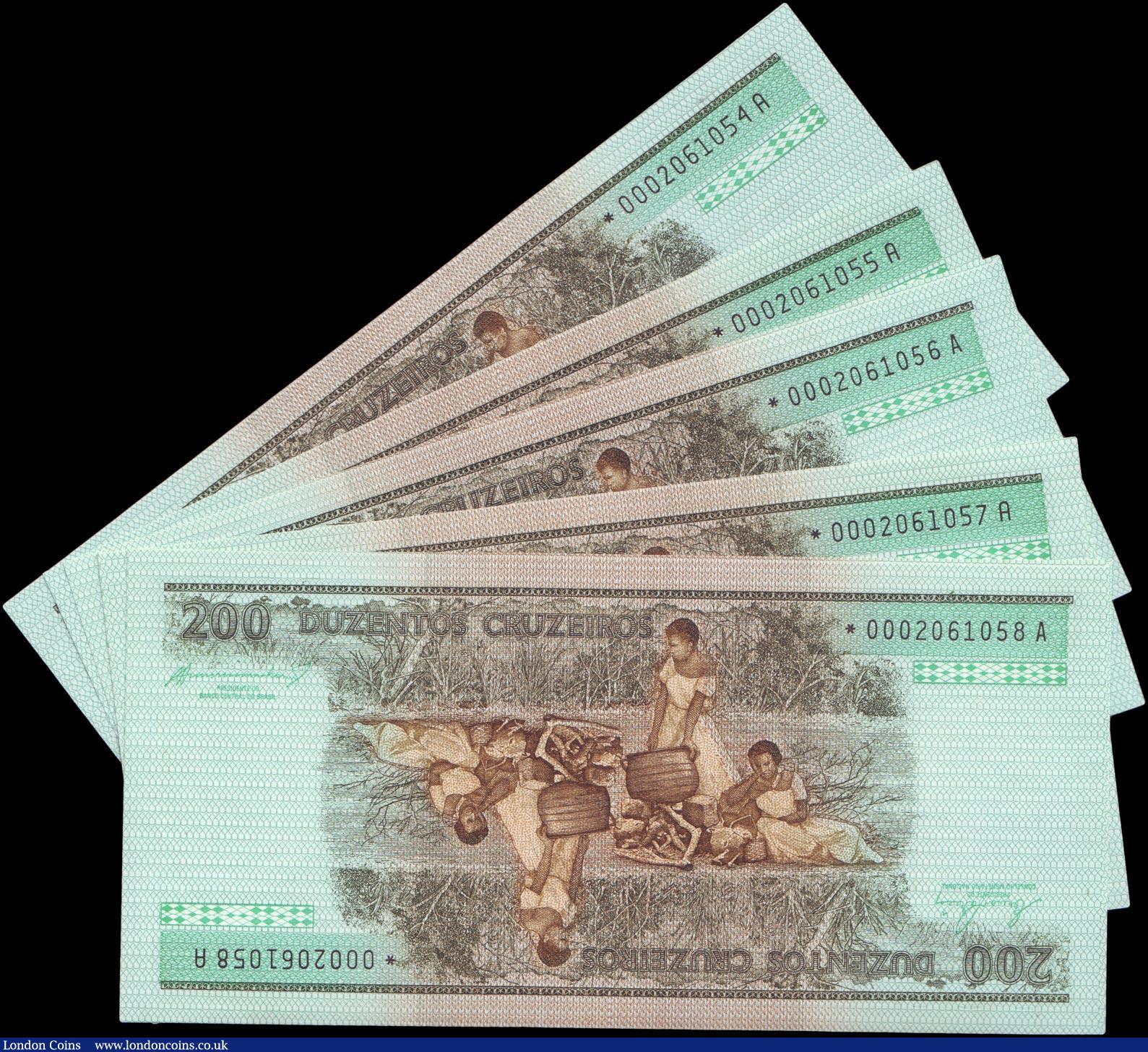 London Coins : A158 : Lot 175 : Brazil 200 cruzeiros star replacements (5) issued 1981-84, a consecutively numbered run, Pick199r, U...