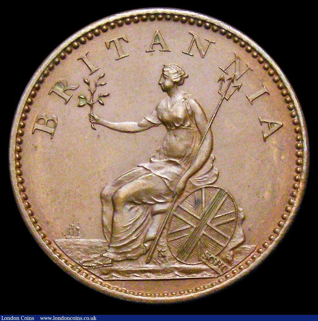 London Coins : A158 : Lot 1897 : Farthing 1806 Proof in Bronzed copper Peck 1388 KF13 toned UNC, the obverse with minor hairlines, Ex...