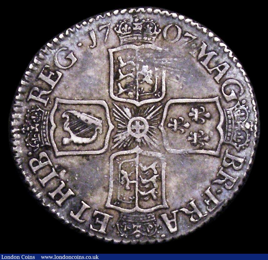 London Coins : A158 : Lot 2552 : Sixpence 1707 After Union ESC 1587A S.3619 with BR.FRA as on the Pre-Union coins, also, Nearer VF th...