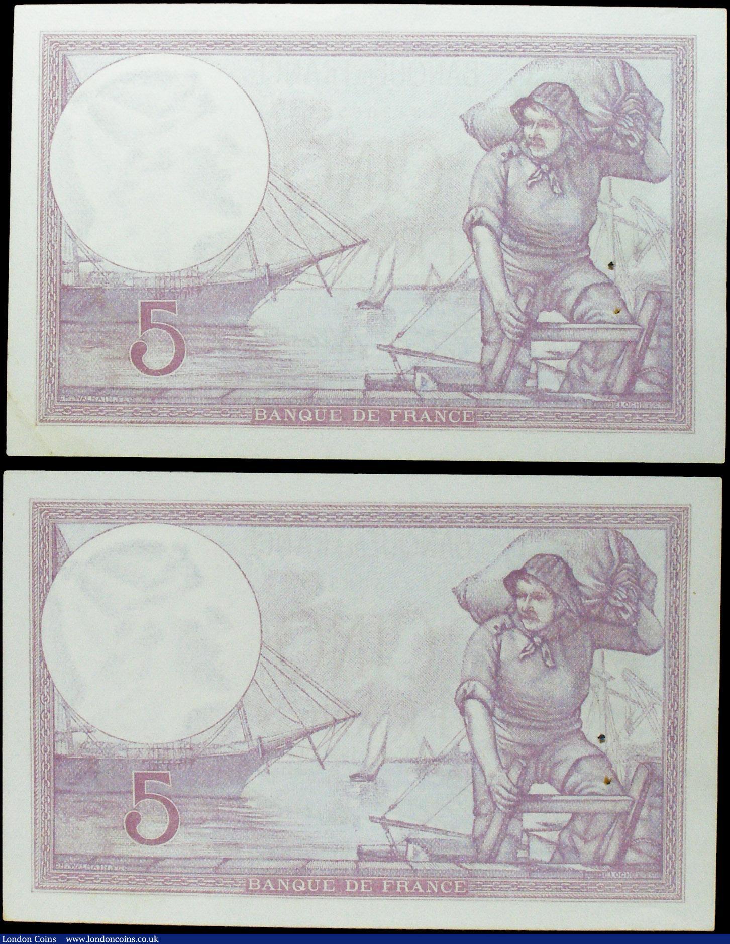 London Coins : A158 : Lot 266 : France (2) 5 Francs dated 2 - 3 - 1933, consecutively numbered pair L.53724 278 & L.53724 279, P...