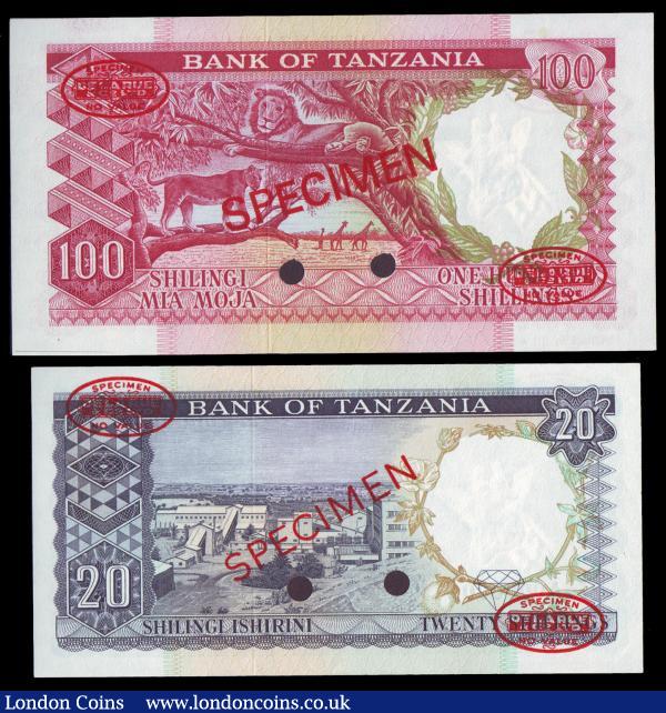 Tanzania (2) SPECIMEN 20 Shillings No.42 series A000000 & 100 Shillings No.14 series R000000 issued 1966, Pick3 & Pick5, Thomas de la Rue red oval specimen seals in top left & bottom right corners, 2 punched holes through signatures, Uncirculated : World Banknotes : Auction 158 : Lot 542