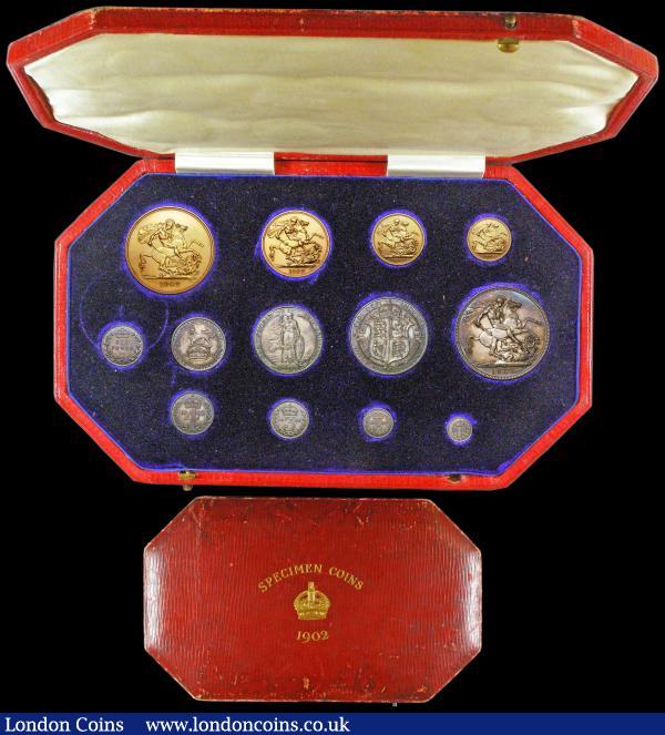 Proof Set 1902 (13 coins) the Long set Matt Proof issues Five Pounds to Maundy Penny, the Crown GEF/UNC with the obverse cleaned, others UNC to nFDC some of the silver with minor tone spots, in the red octagonal box of issue, this in fair condition  : English Cased : Auction 158 : Lot 629