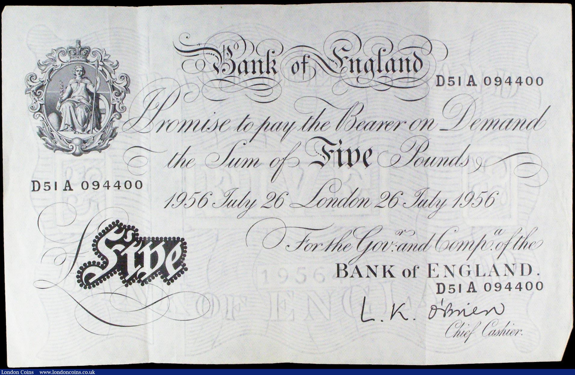 London Coins : A158 : Lot 71 : Five Pounds (2) Beale B270 dated 16th July 1952 series Y34 060250, ink on back, edge nick and pinhol...