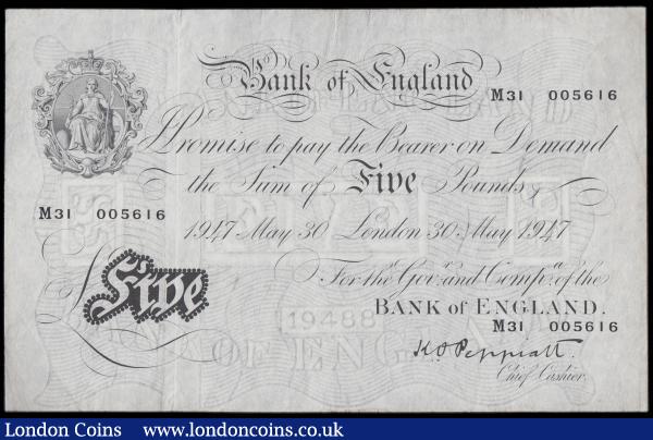 Five Pounds Peppiatt white note B264 dated 30th May 1947, series M31 005616, London issue, (Pick343), thin paper, pressed about EF : English Banknotes : Auction 159 : Lot 1492