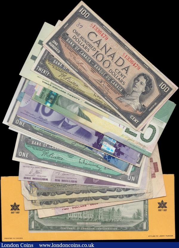 Canada (24) 100 Dollars 1954, 50 Dollars 1988, 20 Dollars (4) 1954, 1991, 2004 & polymer 2012, 10 Dollars (5) 1954, 2001 & polymer (3) 2013, 5 Dollars (4) 1954 including a 'devil's face' example, 2002 & polymer 2013, 2 Dollars 1986, 1 Dollar (8) including a 'devil's face' example, mixed grades : World Banknotes : Auction 159 : Lot 1611