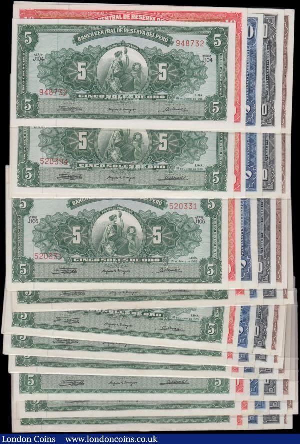 Peru (50), 500, 100, 50, 10 & 5 Soles de Oro dated 1965, 10 of each denomination sorted into 10 packs of 5 notes, (Pick83, Pick88 - Pick91), most uncirculated, a few about Uncirculated : World Banknotes : Auction 159 : Lot 1831