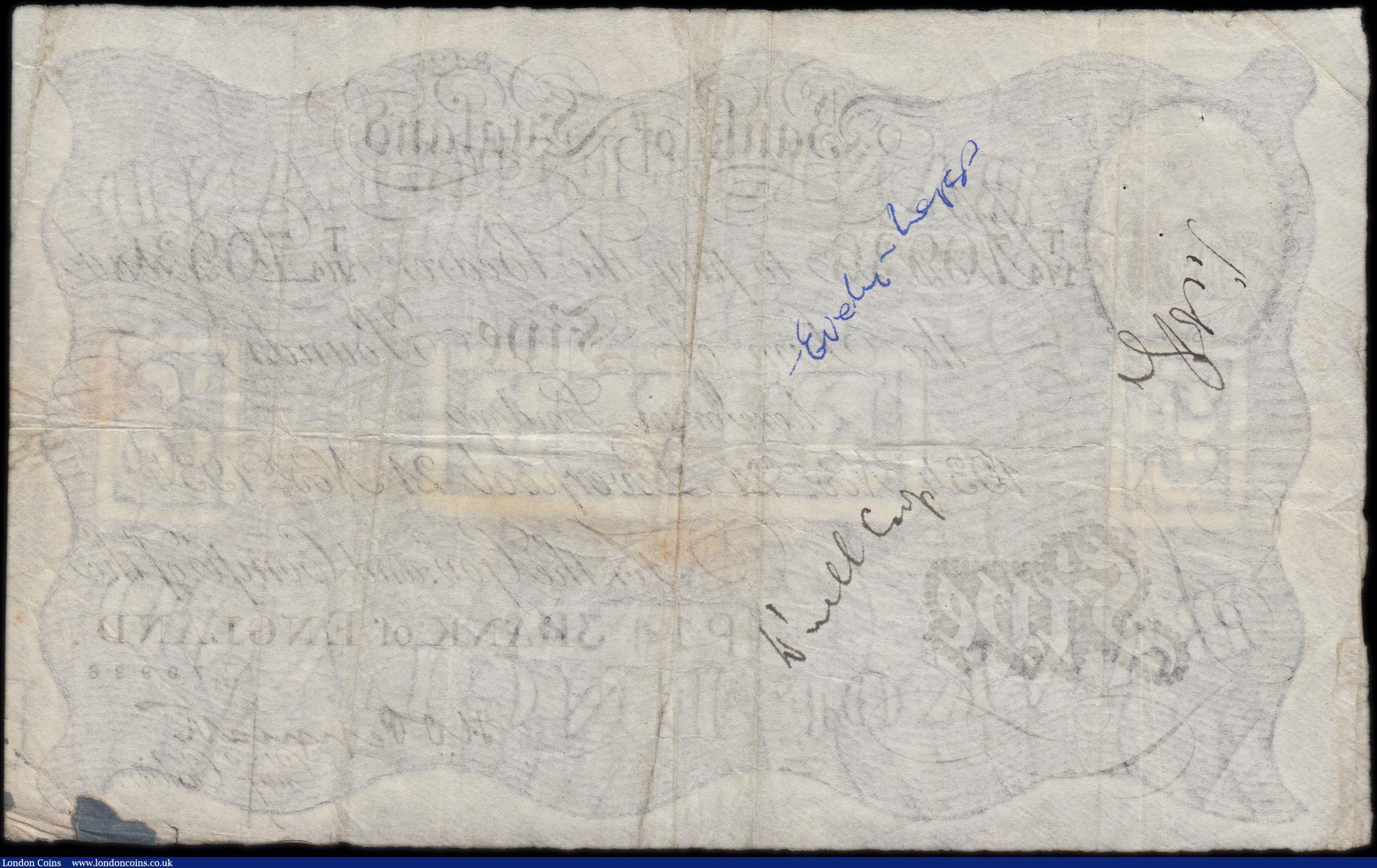 London Coins : A159 : Lot 1470 : Five Pounds Peppiatt white note B241e dated 24th November 1934 series T/174 70936, LIVERPOOL branch ...