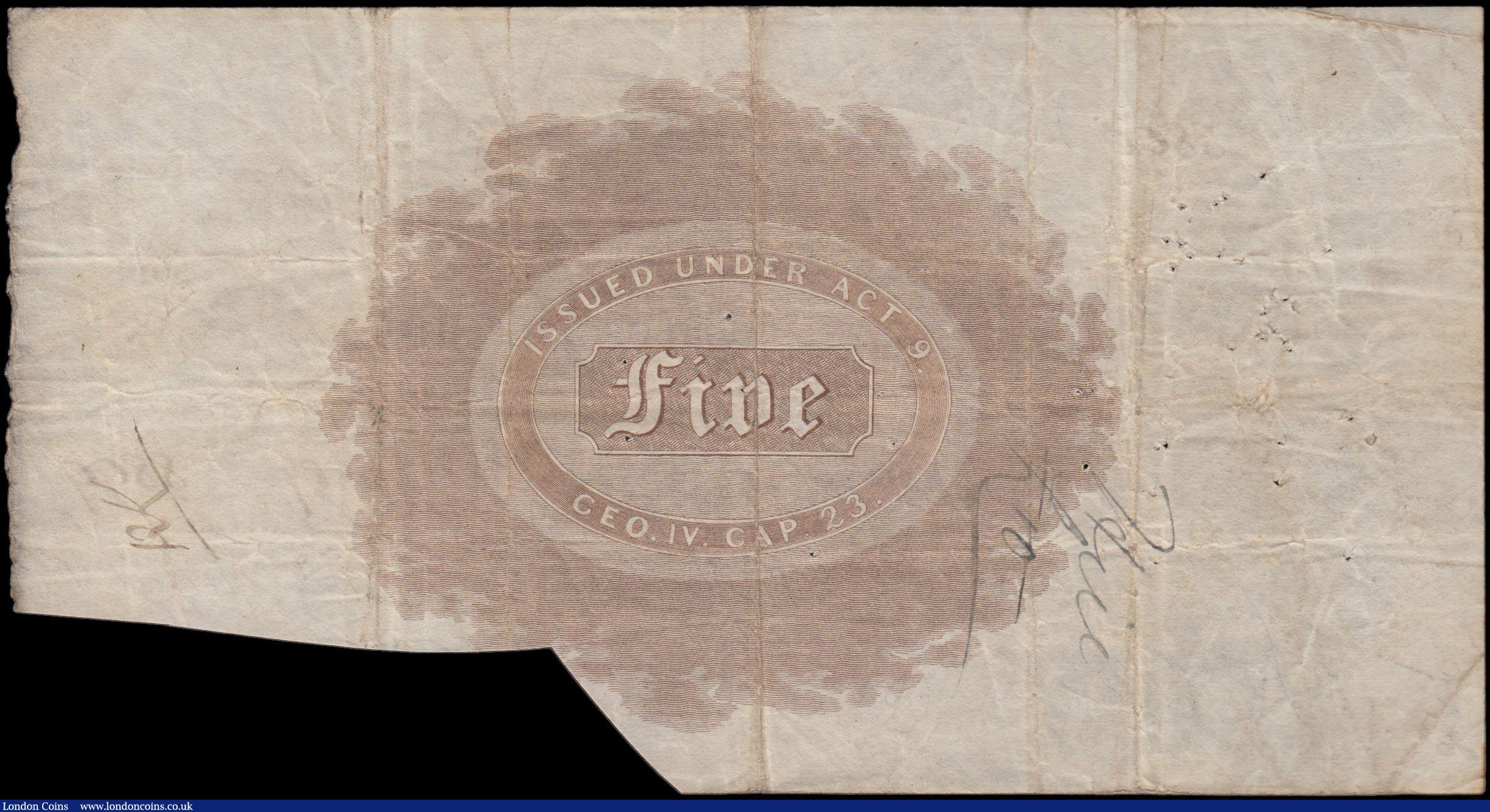 London Coins : A159 : Lot 1546 : Faversham Bank Five Pounds dated 1887, No. 8899 for Hilton, Rigden & Rigden, (Outing786d), cut c...