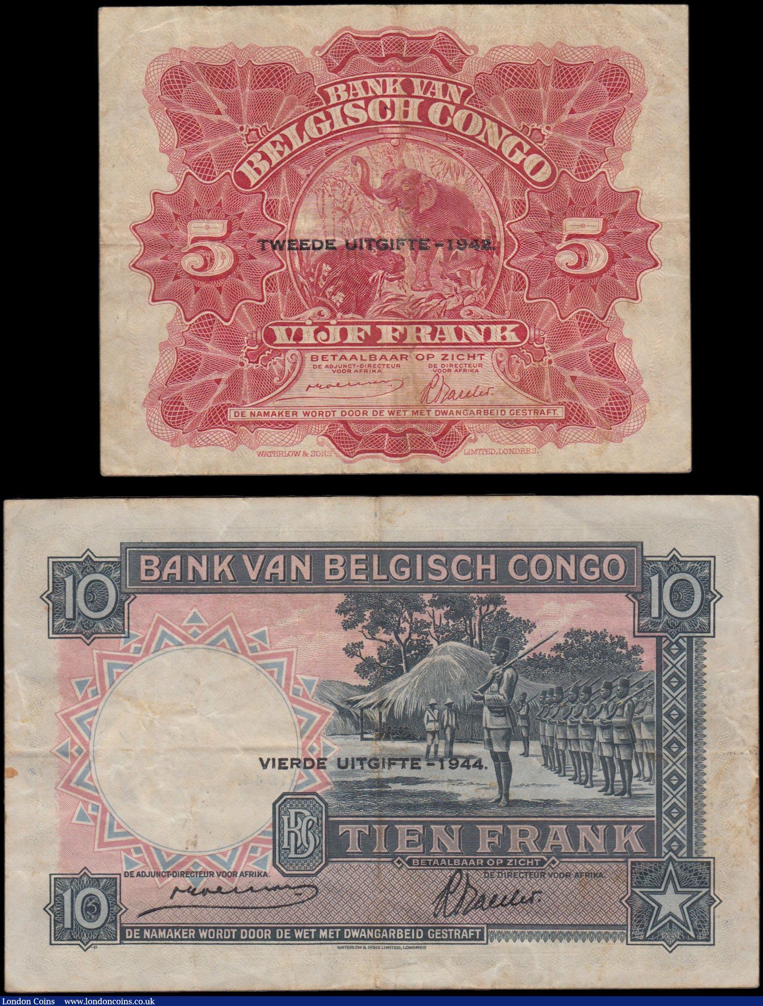 London Coins : A159 : Lot 1589 : Belgian Congo (2) 10 Francs dated 1944 quatrieme emission, series D852176, dancing Watusi at left, (...
