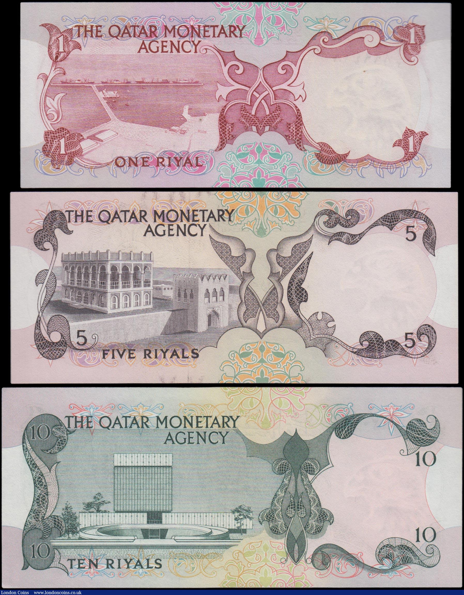London Coins : A159 : Lot 1836 : Qatar Monetary Agency (3) 10 Riyals, 5 Riyals & 1 Riyal first issue 1973, ( Pick1a, Pick2a &...