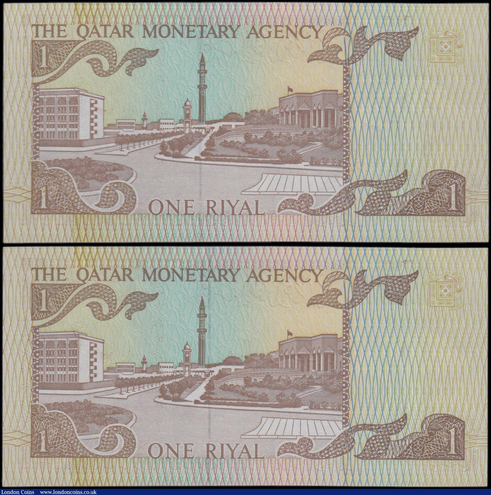London Coins : A159 : Lot 1838 : Qatar Monetary Agency 1 Riyal (2) second issue 1980's, a pair of consecutively numbered notes s...