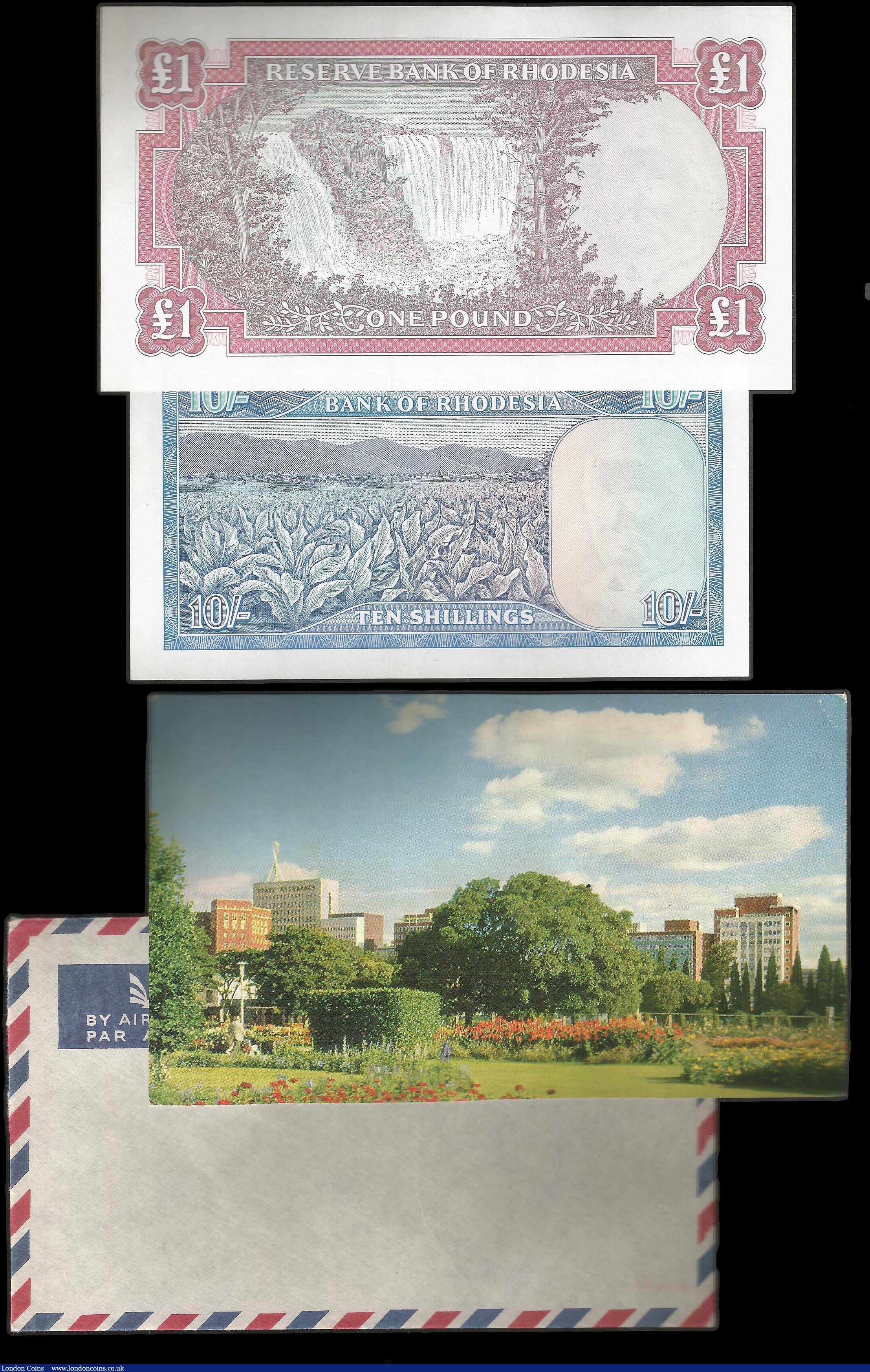 London Coins : A159 : Lot 1849 : Rhodesia Reserve Bank (2) 10 Shillings dated 1st June 1966 series L/10 039202, (Pick27a) and 1 Pound...