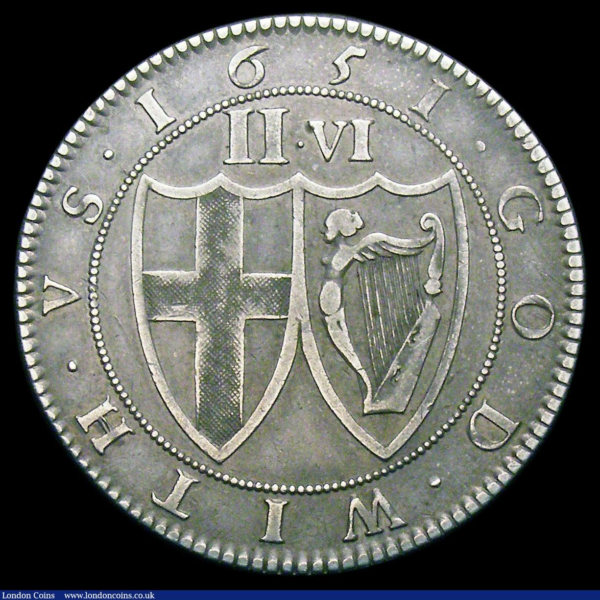 London Coins : A159 : Lot 611 : Halfcrown 1651 Pattern by Blondeau, edge reading TRVTH : AND : PEACE . 1651 olive branch PETRVS . BL...